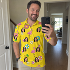 Real-life photo of someone wearing Men's Aqua Aviary Custom Face Polo Shirt — custom faces printed all-over