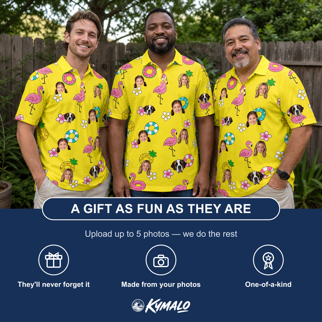 Friends in matching Men's Aqua Aviary Custom Face Polo Shirt — a group gift photo