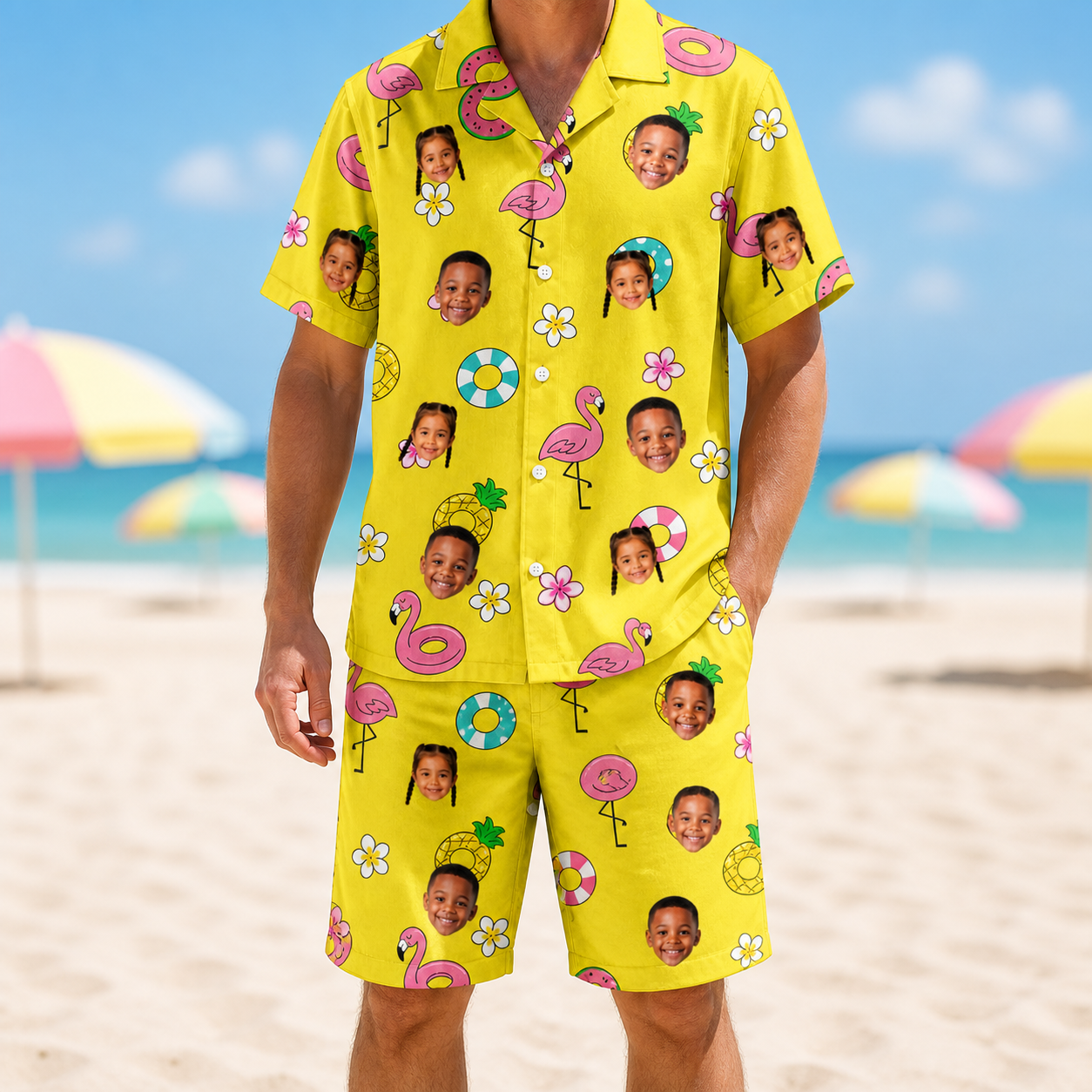 Model wearing Men's Aqua Aviary Custom Face Shirt & Shorts Set printed with kids' faces