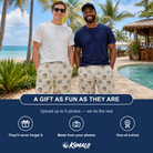 Friends in matching Men's Scallop Serenade Custom Face Beach Shorts — a group gift photo
