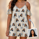 Woman wearing Women's Scallop Serenade Custom Face Off-Shoulder Dress — custom faces printed all-over