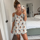 Real-life photo of someone wearing Women's Scallop Serenade Custom Face Off-Shoulder Dress — custom faces printed all-over