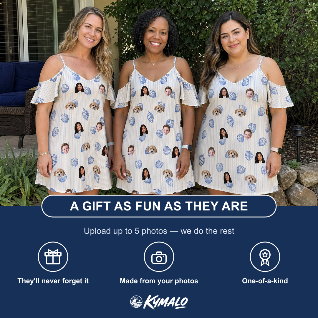 Friends in matching Women's Scallop Serenade Custom Face Off-Shoulder Dress — a group gift photo