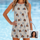 Woman wearing Women's Scallop Serenade Custom Face Tank Dress — custom faces printed all-over
