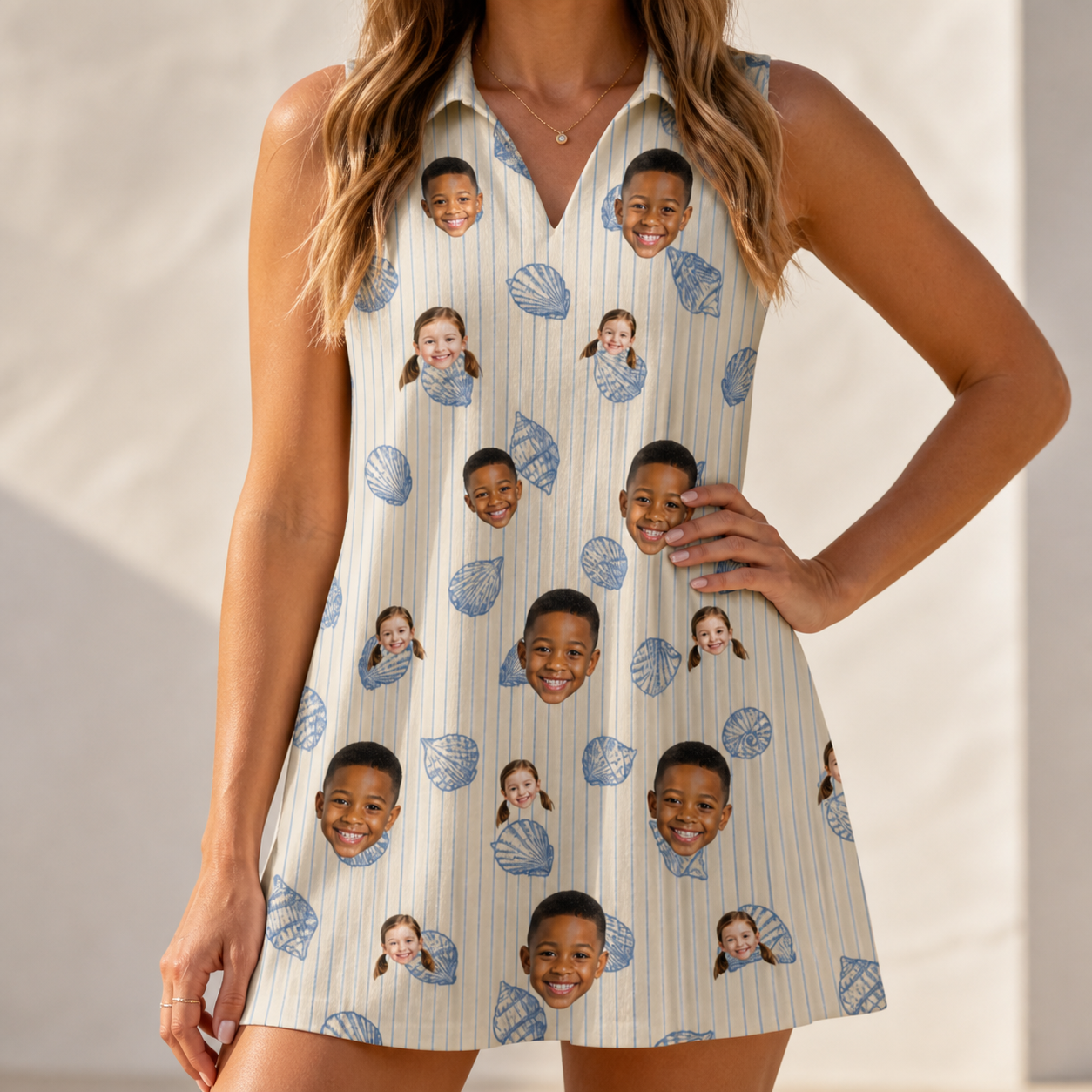 Model wearing Women's Scallop Serenade Custom Face V-Neck Dress printed with kids' faces