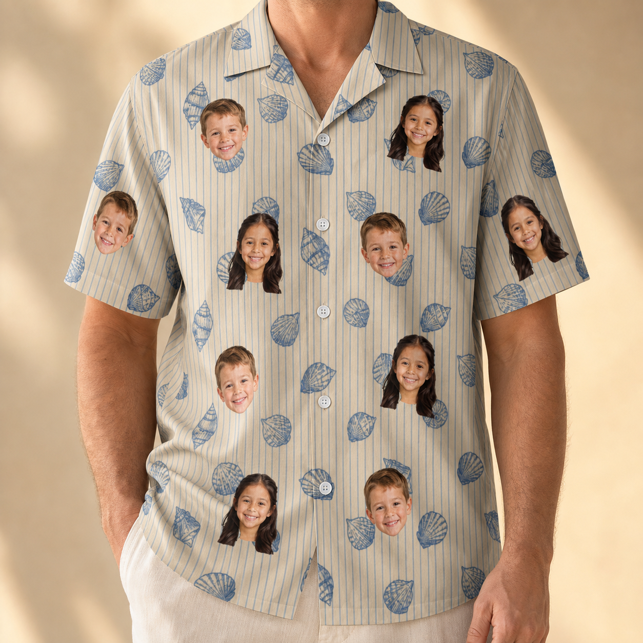 Model wearing Men's Scallop Serenade Custom Face Hawaiian Shirt printed with kids' faces