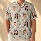 Model wearing Men's Scallop Serenade Custom Face Hawaiian Shirt printed with kids' faces