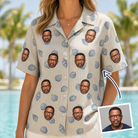 Woman wearing Women's Scallop Serenade Custom Face Hawaiian Shirt — custom faces printed all-over