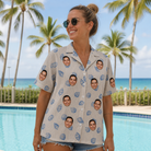 Real-life photo of someone wearing Women's Scallop Serenade Custom Face Hawaiian Shirt — custom faces printed all-over