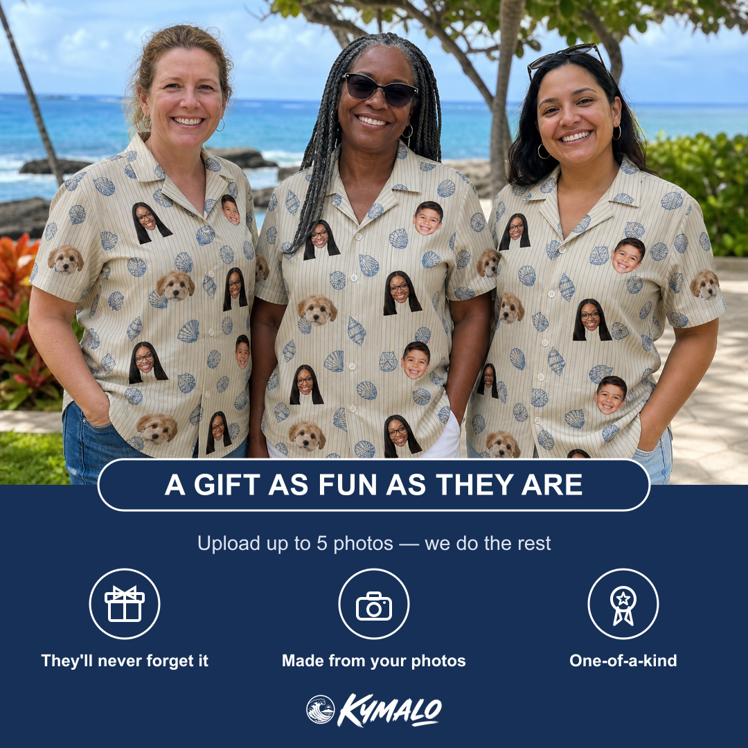 Friends in matching Women's Scallop Serenade Custom Face Hawaiian Shirt — a group gift photo