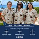 Friends in matching Women's Scallop Serenade Custom Face Hawaiian Shirt — a group gift photo