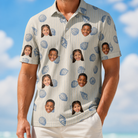Model wearing Men's Scallop Serenade Custom Face Polo Shirt printed with kids' faces