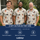 Friends in matching Men's Scallop Serenade Custom Face Polo Shirt — a group gift photo