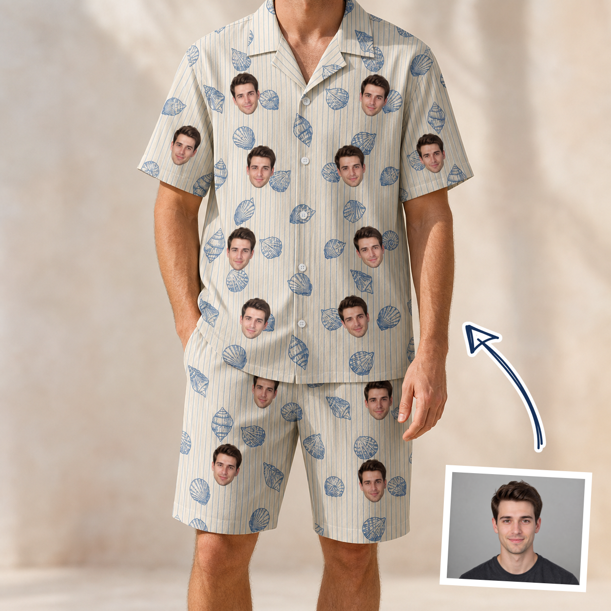 Man wearing Men's Scallop Serenade Custom Face Shirt & Shorts Set — custom faces printed all-over
