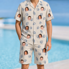 Model wearing Men's Scallop Serenade Custom Face Shirt & Shorts Set printed with kids' faces