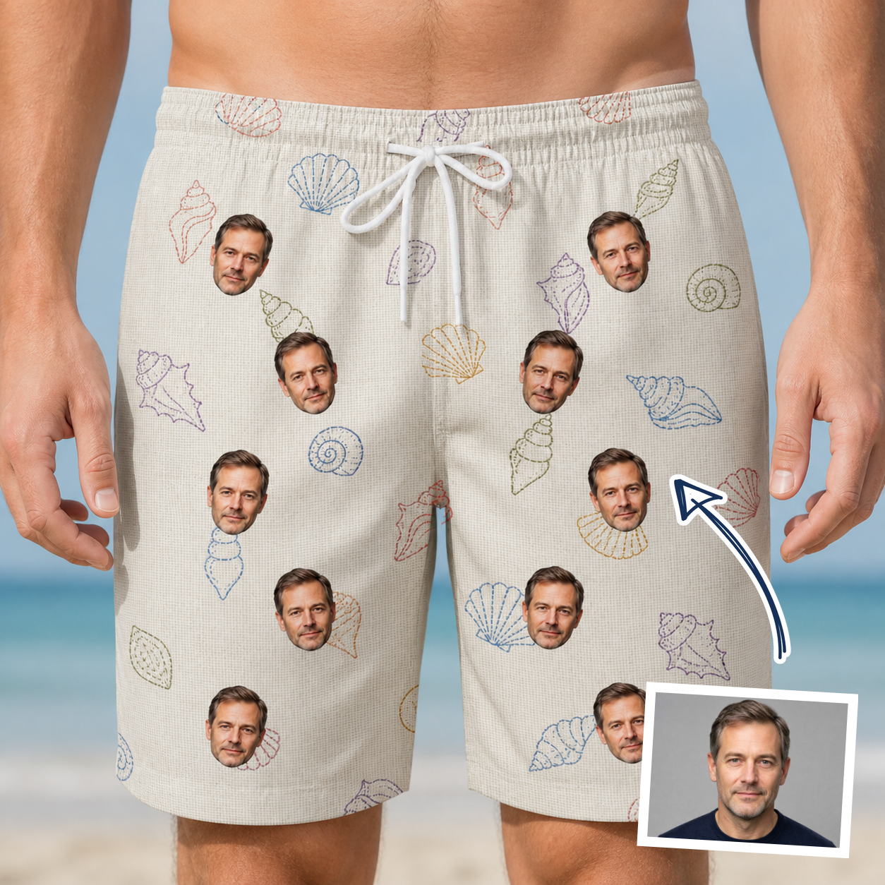 Man wearing Men's Bivalve Bounce Custom Face Beach Shorts — custom faces printed all-over