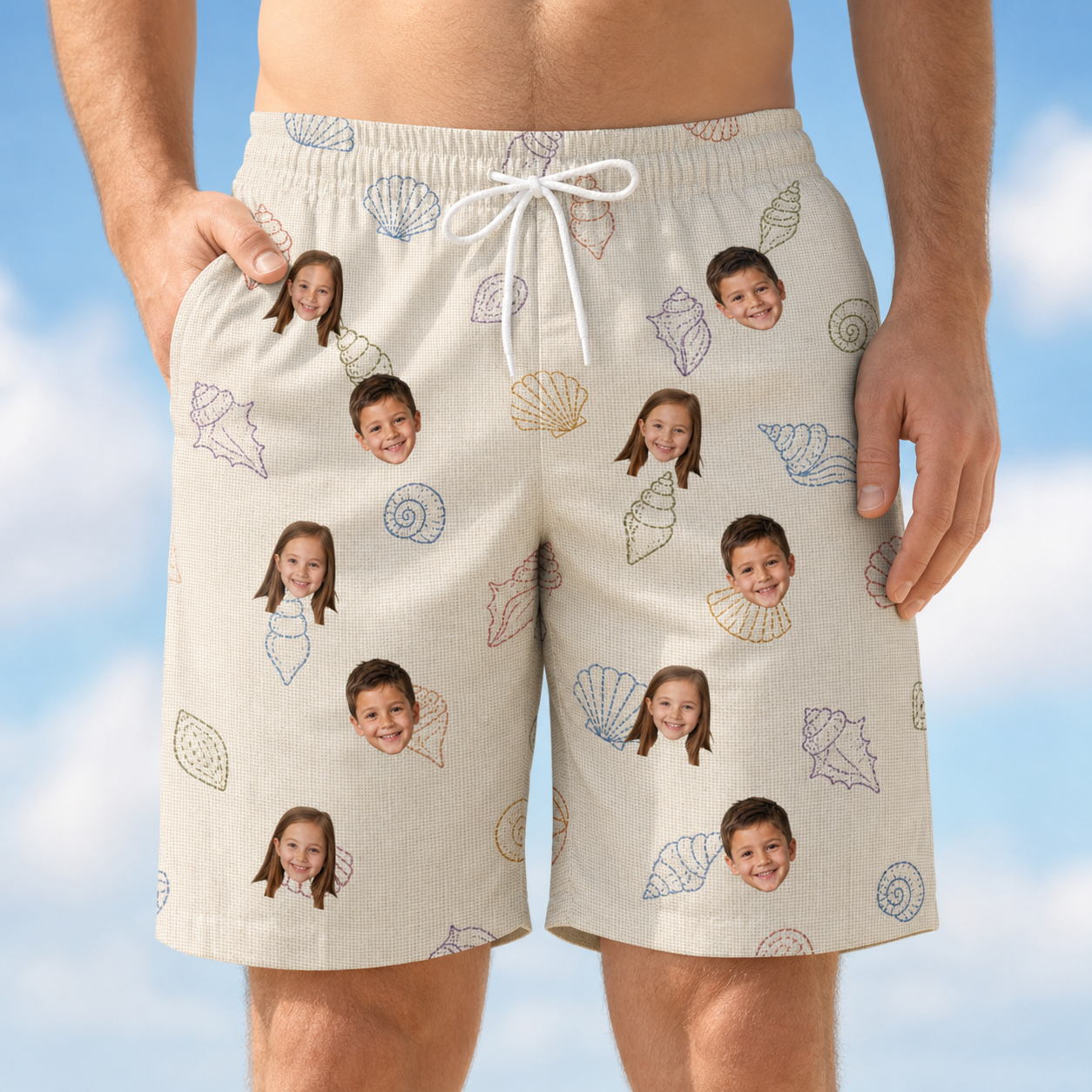 Model wearing Men's Bivalve Bounce Custom Face Beach Shorts printed with kids' faces