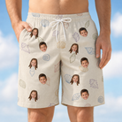 Model wearing Men's Bivalve Bounce Custom Face Beach Shorts printed with kids' faces