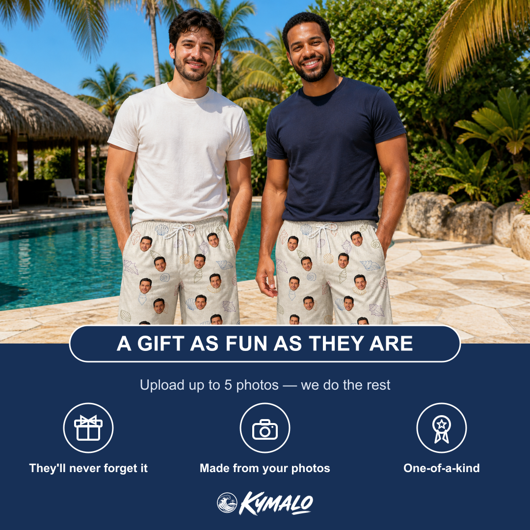 Friends in matching Men's Bivalve Bounce Custom Face Beach Shorts — a group gift photo