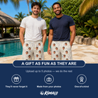 Friends in matching Men's Bivalve Bounce Custom Face Beach Shorts — a group gift photo