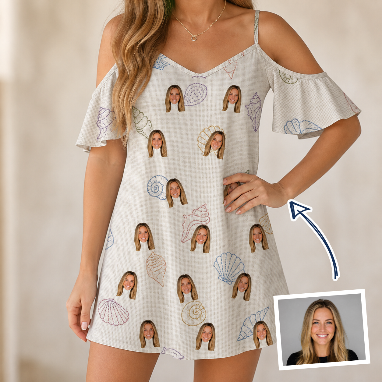 Woman wearing Women's Bivalve Bounce Custom Face Off-Shoulder Dress — custom faces printed all-over