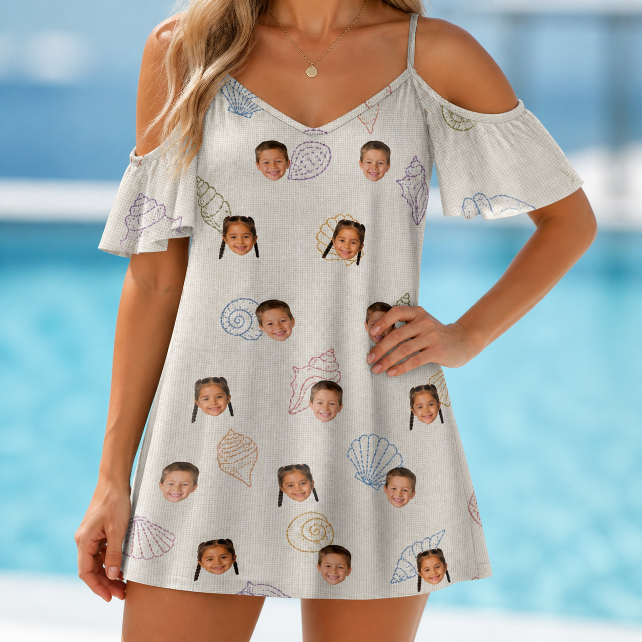 Model wearing Women's Bivalve Bounce Custom Face Off-Shoulder Dress printed with kids' faces