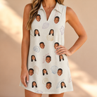 Model wearing Women's Bivalve Bounce Custom Face V-Neck Dress printed with kids' faces