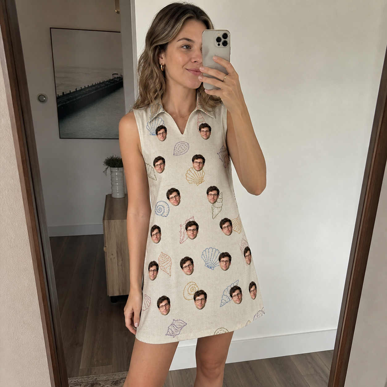 Real-life photo of someone wearing Women's Bivalve Bounce Custom Face V-Neck Dress — custom faces printed all-over