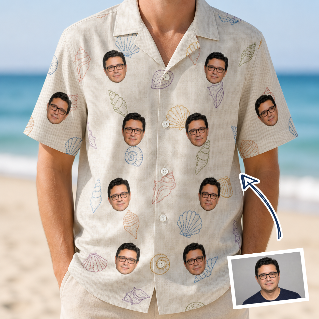 Man wearing Men's Bivalve Bounce Custom Face Hawaiian Shirt — custom faces printed all-over