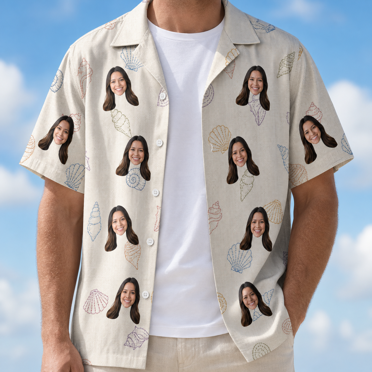 Man wearing Men's Bivalve Bounce Custom Face Hawaiian Shirt open over a white tee