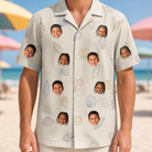 Model wearing Men's Bivalve Bounce Custom Face Hawaiian Shirt printed with kids' faces