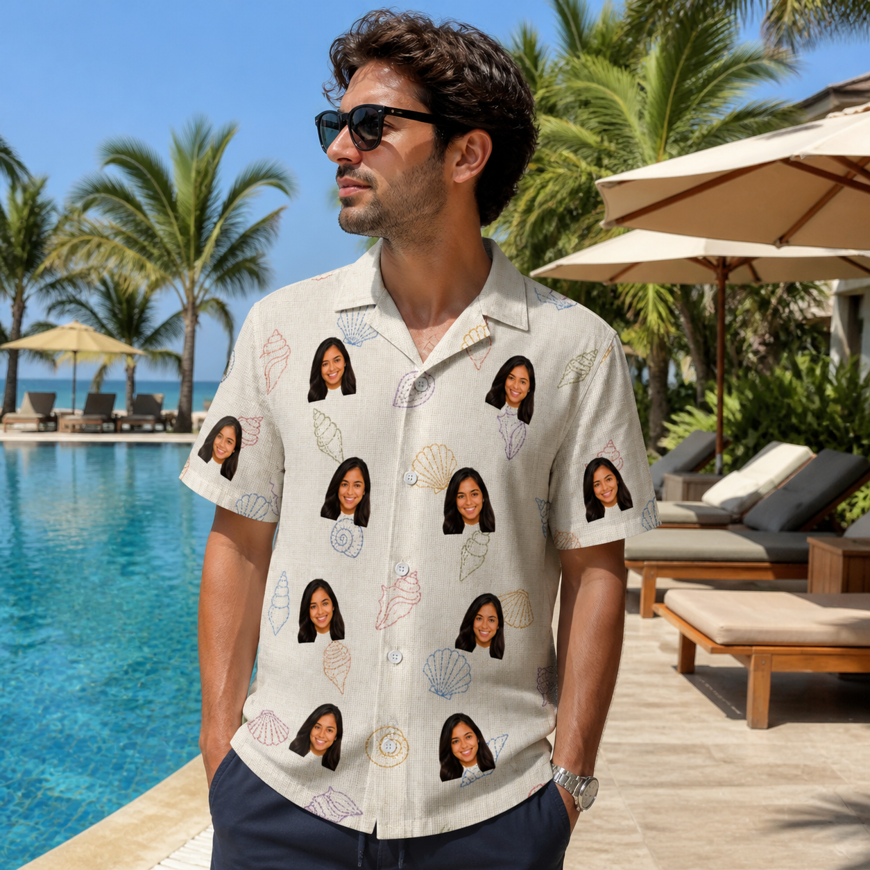 Real-life photo of someone wearing Men's Bivalve Bounce Custom Face Hawaiian Shirt — custom faces printed all-over