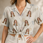 Woman wearing Women's Bivalve Bounce Custom Face Hawaiian Shirt tied at the waist