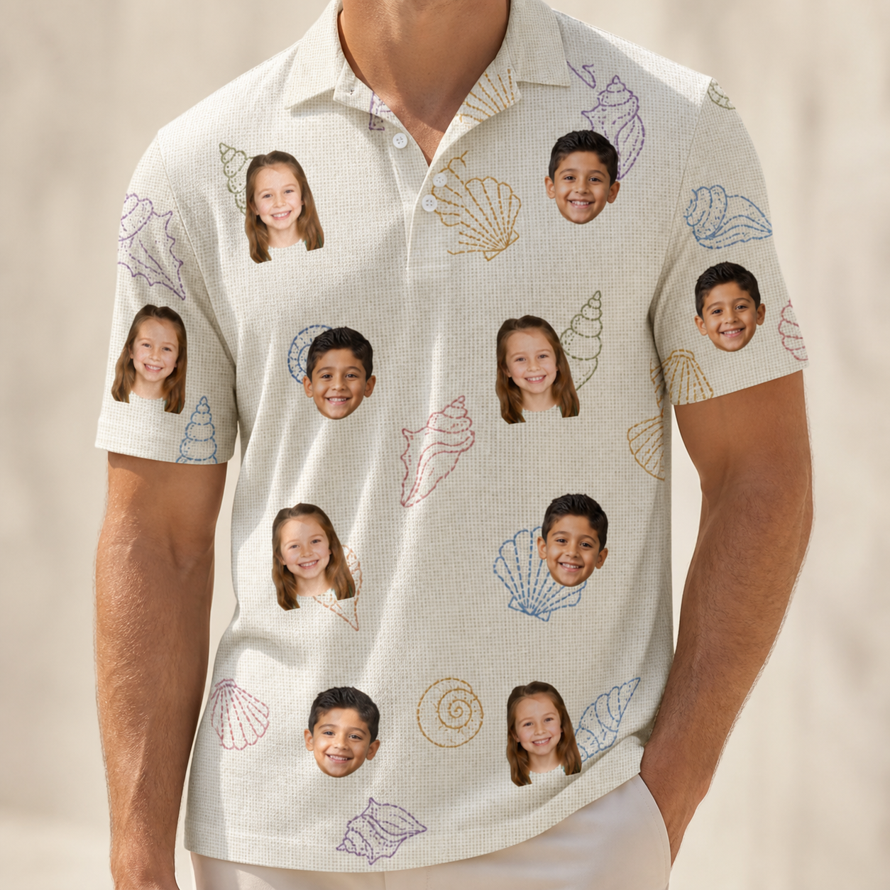 Model wearing Men's Bivalve Bounce Custom Face Polo Shirt printed with kids' faces