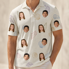 Model wearing Men's Bivalve Bounce Custom Face Polo Shirt printed with kids' faces