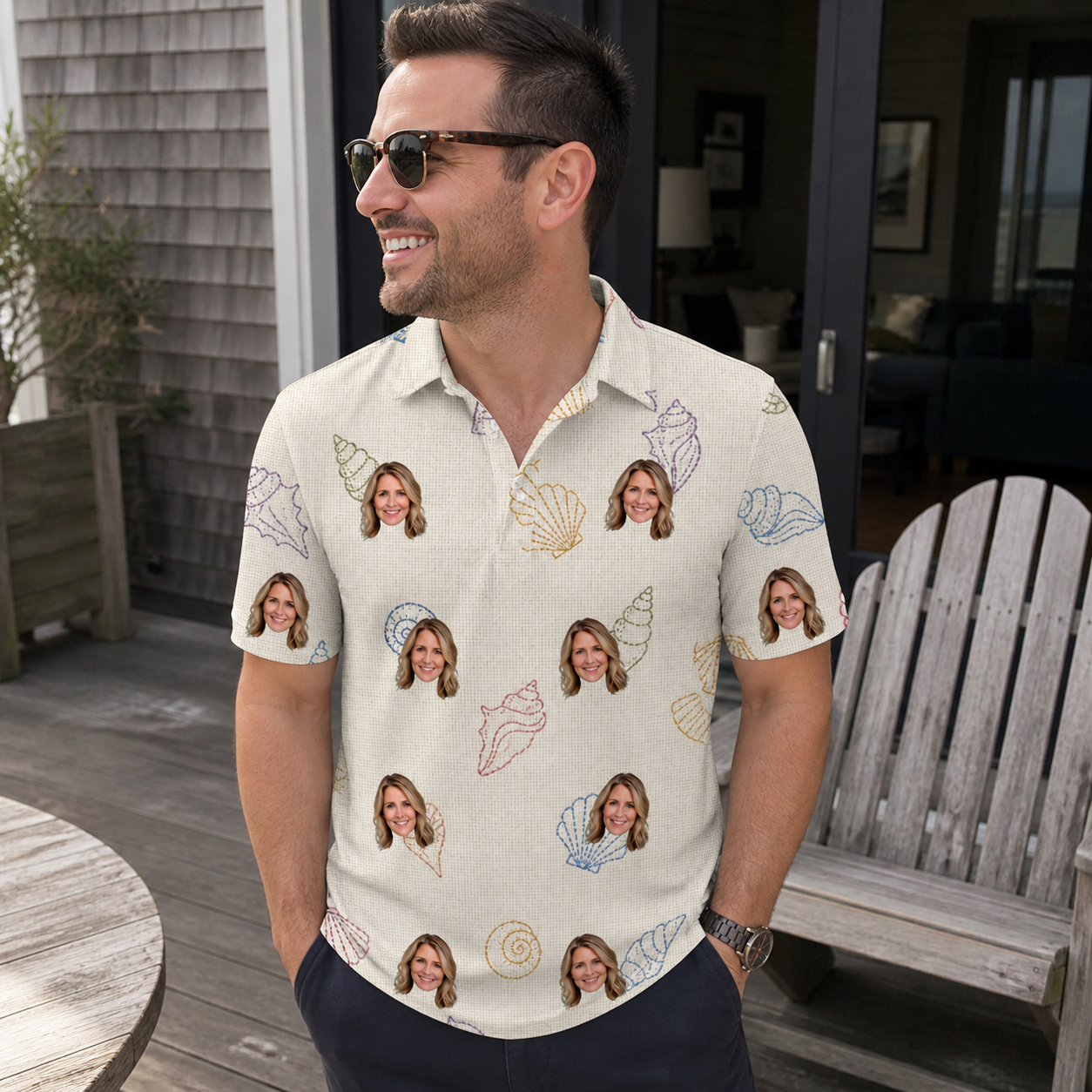 Real-life photo of someone wearing Men's Bivalve Bounce Custom Face Polo Shirt — custom faces printed all-over