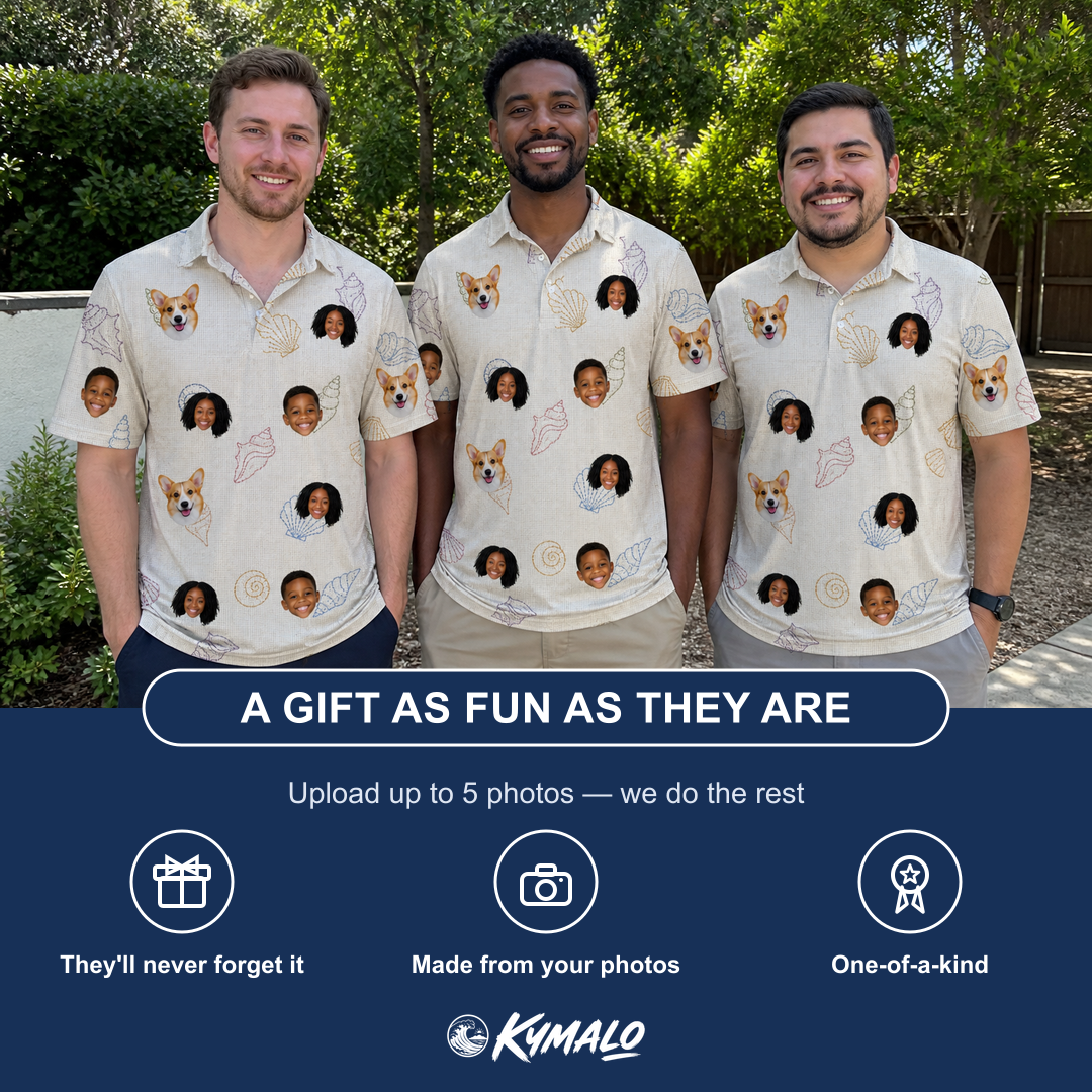 Friends in matching Men's Bivalve Bounce Custom Face Polo Shirt — a group gift photo