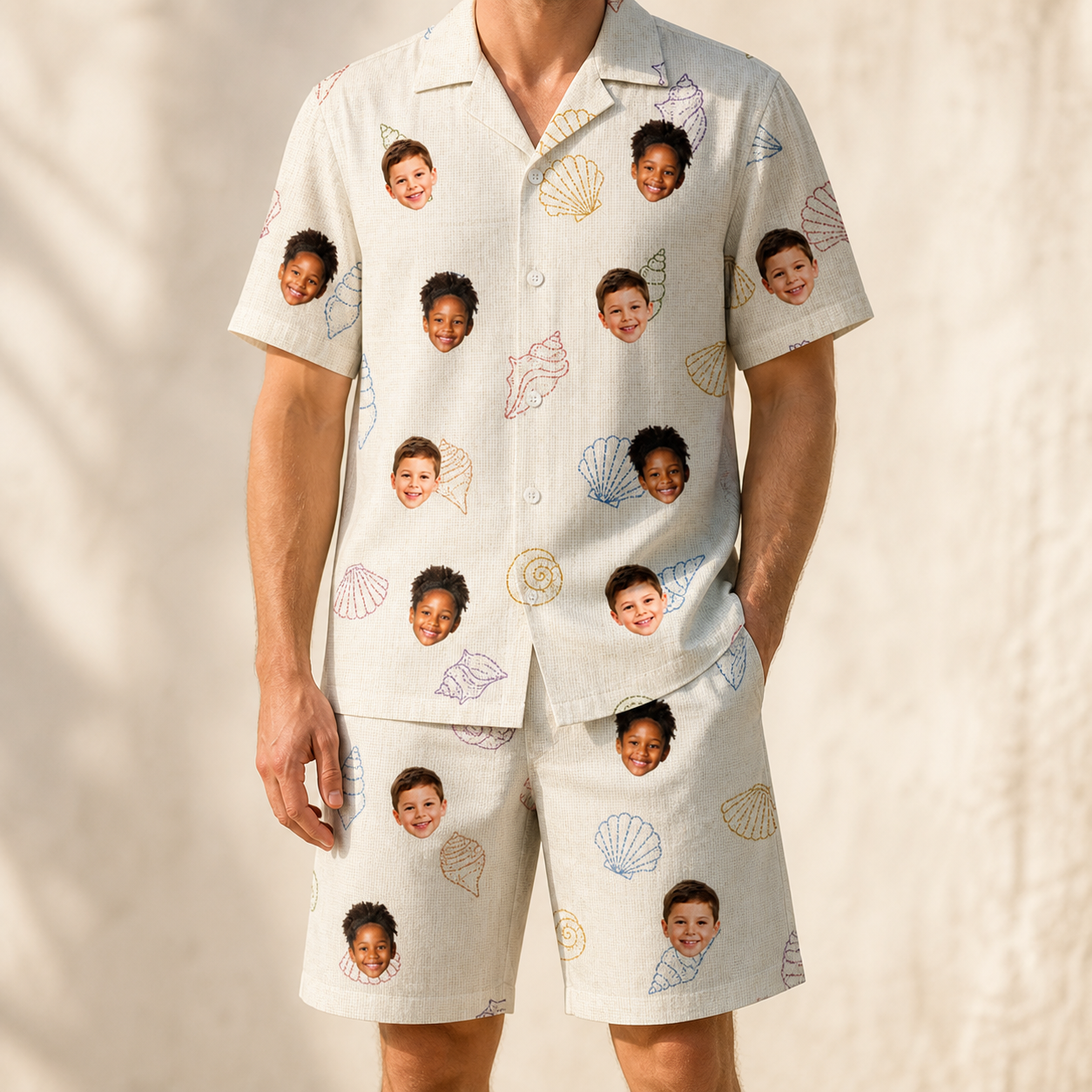 Model wearing Men's Bivalve Bounce Custom Face Shirt & Shorts Set printed with kids' faces