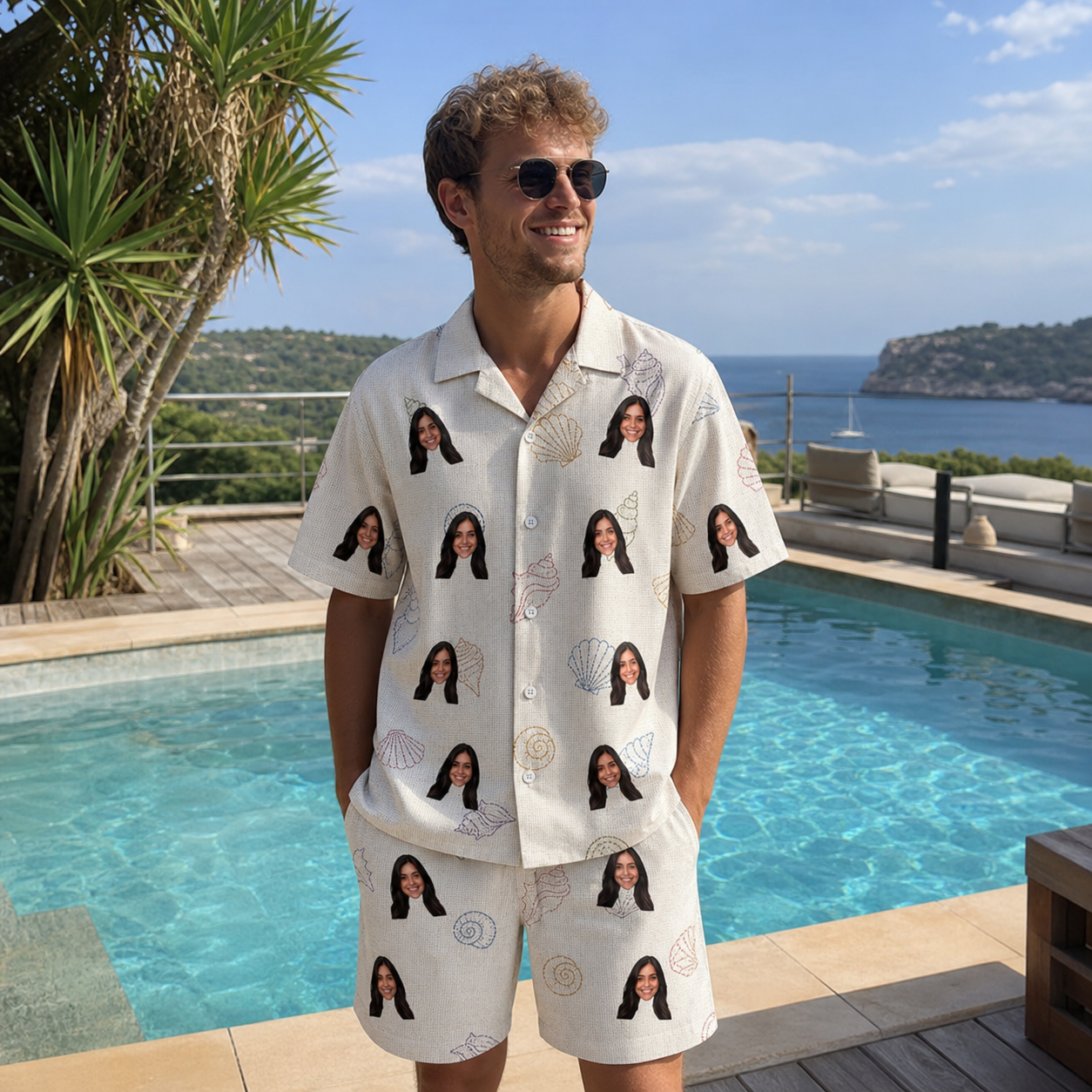 Real-life photo of someone wearing Men's Bivalve Bounce Custom Face Shirt & Shorts Set — custom faces printed all-over