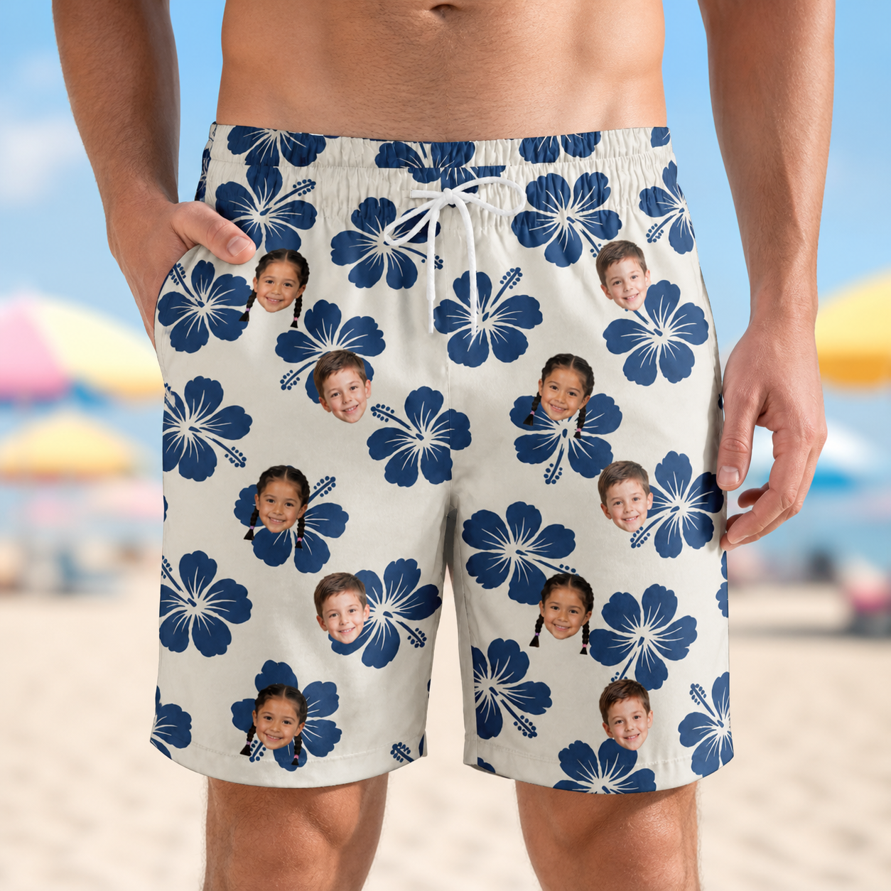 Model wearing Men's Deco Garden Custom Face Beach Shorts printed with kids' faces