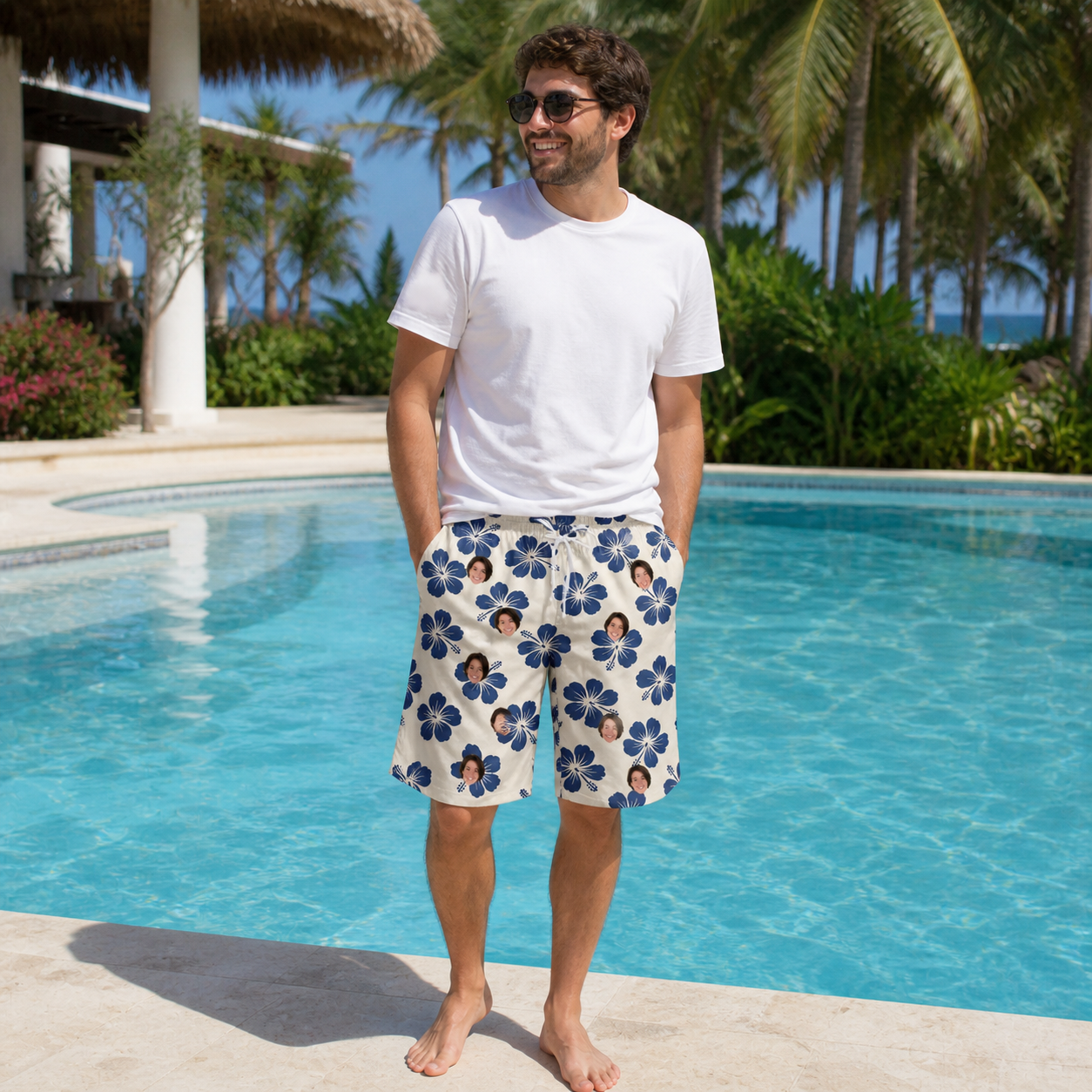 Real-life photo of someone wearing Men's Deco Garden Custom Face Beach Shorts — custom faces printed all-over