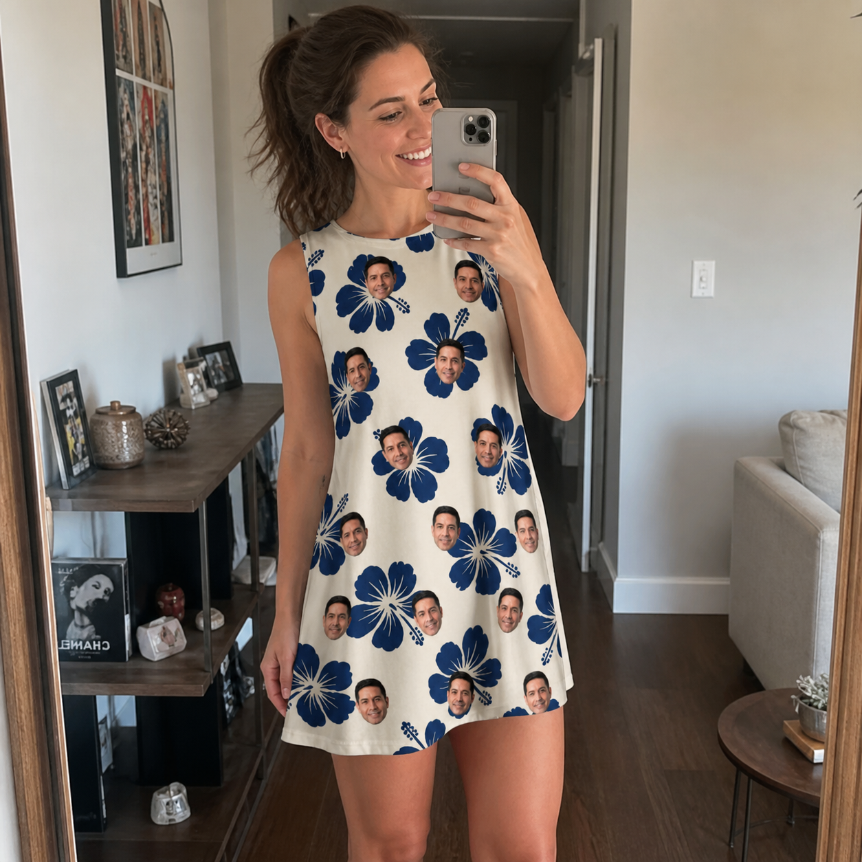 Real-life photo of someone wearing Women's Deco Garden Custom Face Tank Dress — custom faces printed all-over