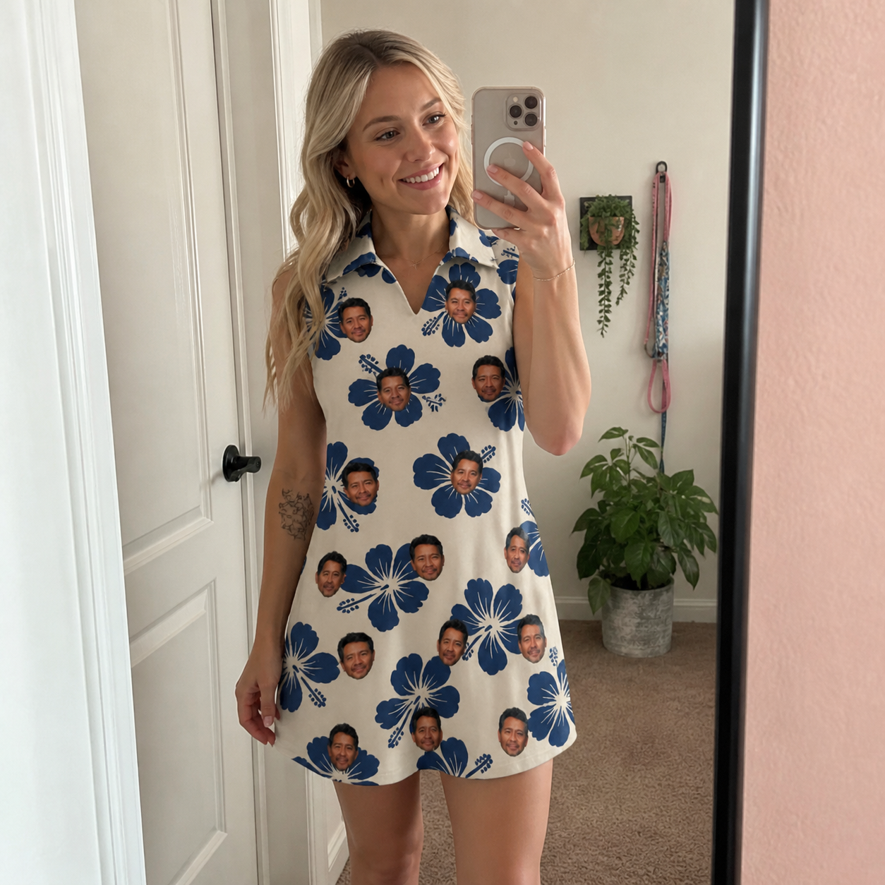 Real-life photo of someone wearing Women's Deco Garden Custom Face V-Neck Dress — custom faces printed all-over