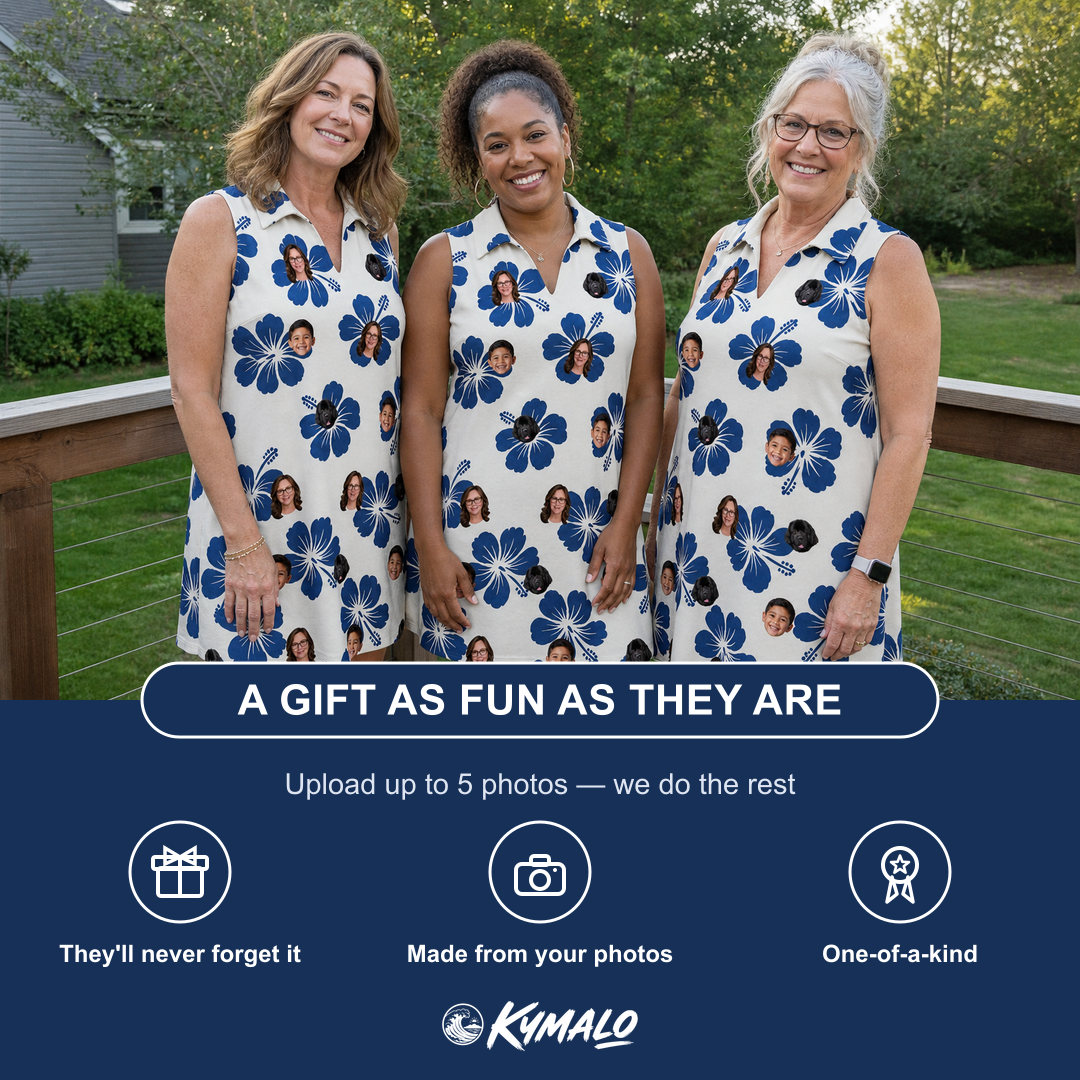 Friends in matching Women's Deco Garden Custom Face V-Neck Dress — a group gift photo