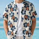 Man wearing Men's Deco Garden Custom Face Hawaiian Shirt open over a white tee