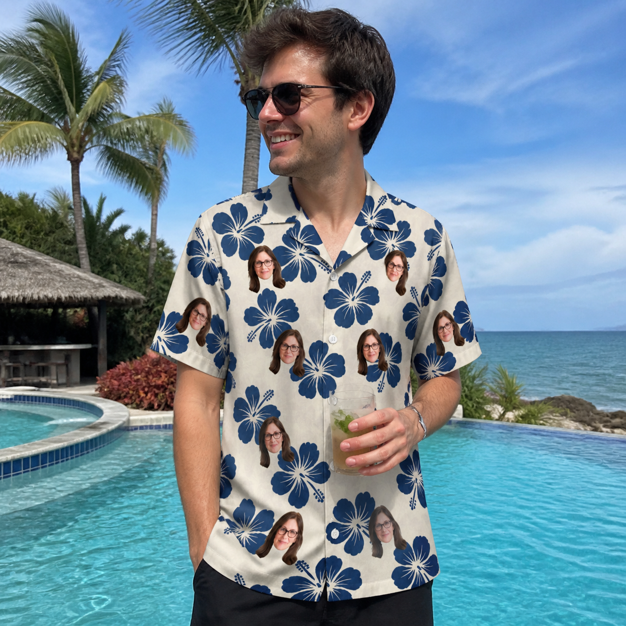 Real-life photo of someone wearing Men's Deco Garden Custom Face Hawaiian Shirt — custom faces printed all-over