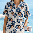 Woman wearing Women's Deco Garden Custom Face Hawaiian Shirt — custom faces printed all-over