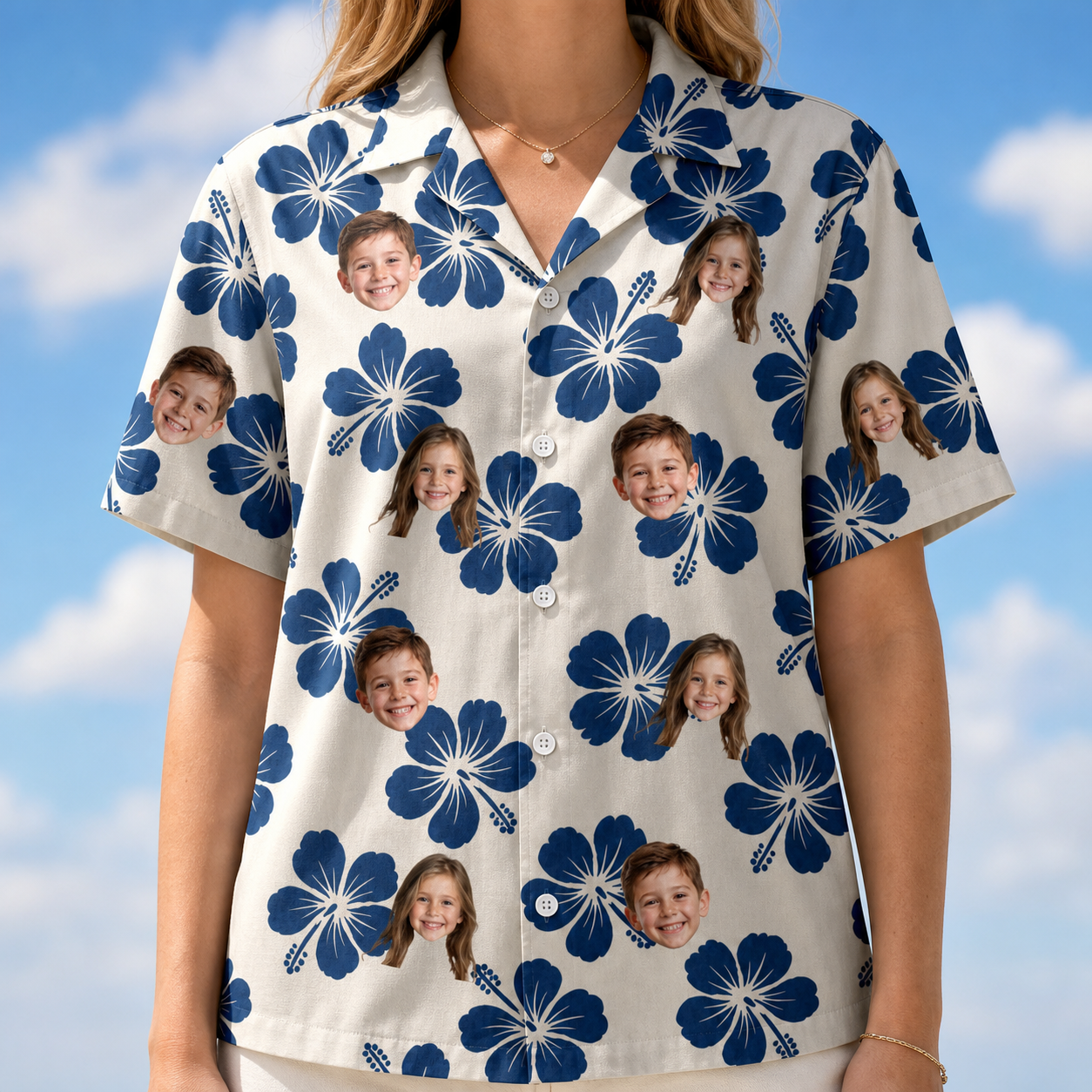 Model wearing Women's Deco Garden Custom Face Hawaiian Shirt printed with kids' faces