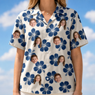 Model wearing Women's Deco Garden Custom Face Hawaiian Shirt printed with kids' faces