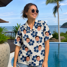 Real-life photo of someone wearing Women's Deco Garden Custom Face Hawaiian Shirt — custom faces printed all-over
